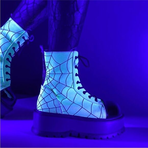 Demonia Glow In The Dark Ankle Boots 2" Platform Size 7 Spider Web - Picture 3 of 16
